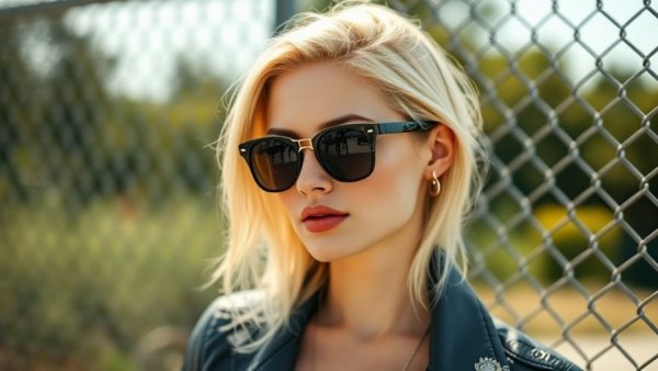 Stylish blonde woman in sunglasses outdoors, exploring real estate.