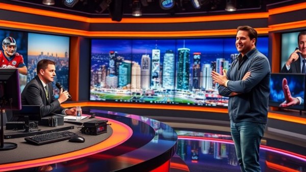 Sports broadcast with two men on set, city graphics in background.