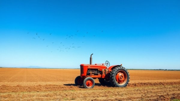 Red tractor plowing field with birds in Michigan agriculture forum.