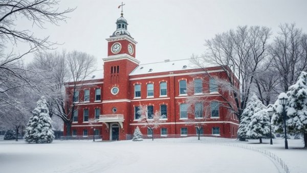 Snow-covered building with clock tower in Muskegon during winter.