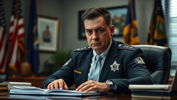 FIA Investigation Karate Team officer seated at desk with focused look.