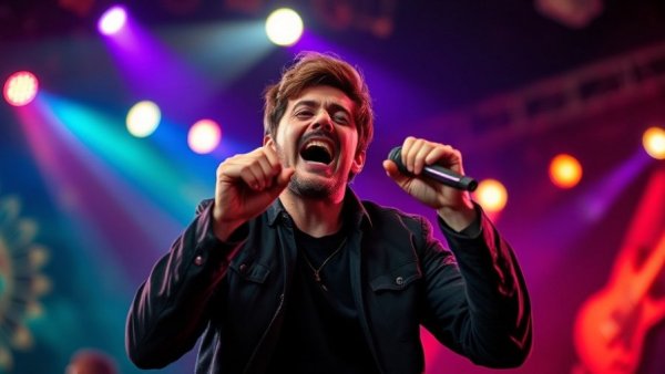 Dynamic performer singing energetically on stage with intense expression.