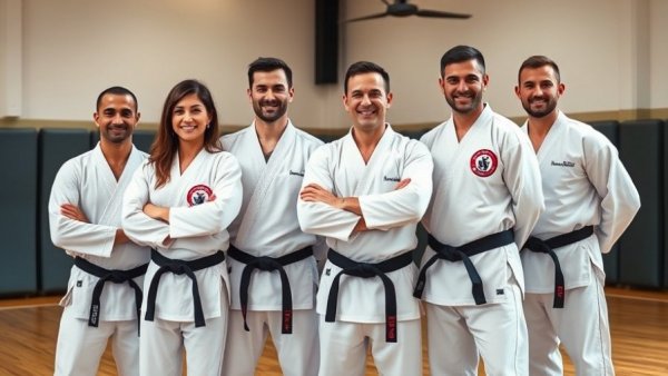 Martial arts instructors in formal attire at Gurnee class, smiling.