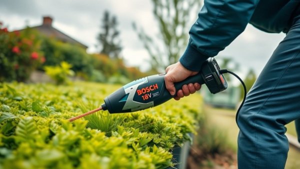 Person using Bosch 18V Outdoor Power Equipment in a garden.