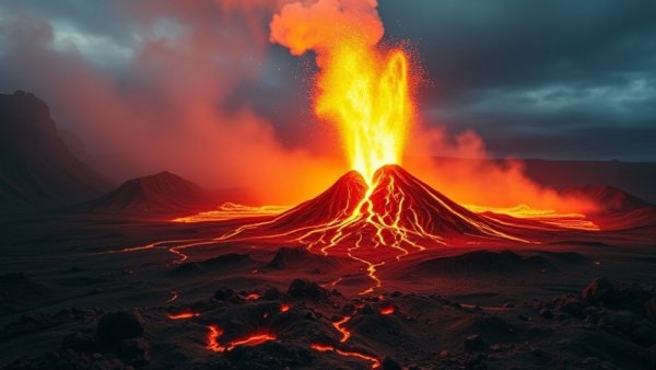 Hawaii Volcanoes National Park eruption scene with lava fountain.