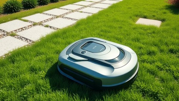 Modern robot lawn mower on green grass near gravel.