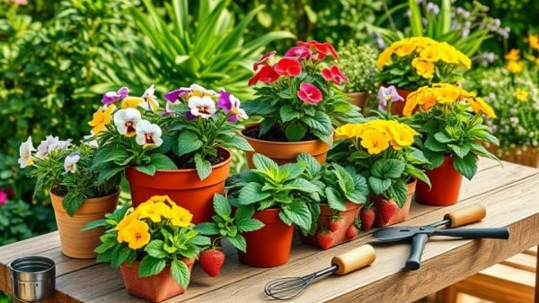 Colorful spring flowers and tools for planting in March.