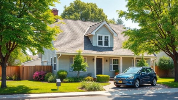 Charming Michigan home for sale with garden and blue car.