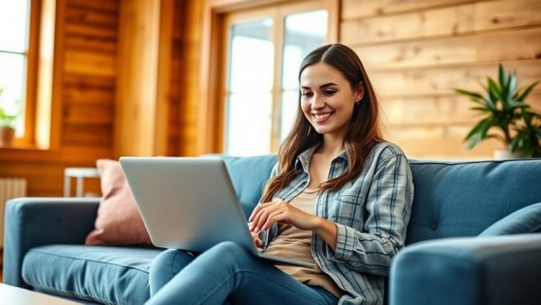 Woman using laptop in cozy room for small business growth