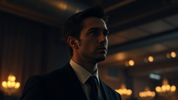Sophisticated male figure in suit under cinematic lighting.