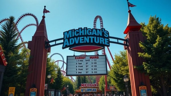 Michigan's Adventure Sale entrance and roller coasters on a sunny day.