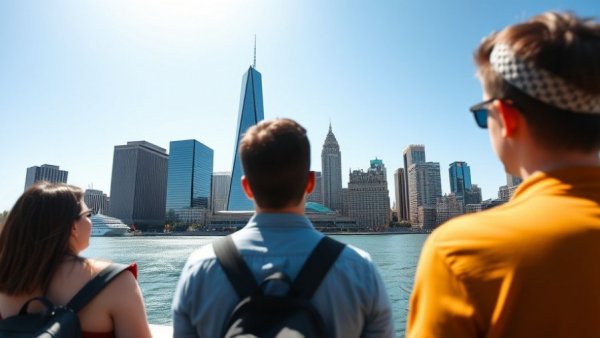 Detroit travel attractions skyline view over river.