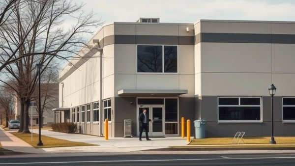Modern cannabis dispensary in New Buffalo with a person approaching.