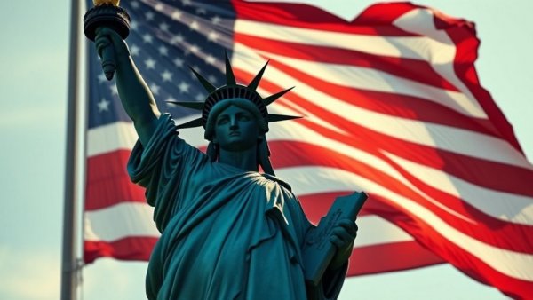 Statue of Liberty silhouetted against the American flag.