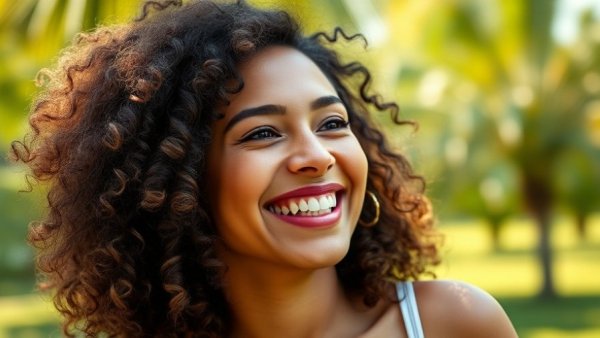 Woman smiling outdoors with blurred greenery background.