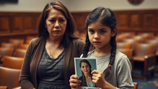 Concerned mother and teen in courtroom during Michigan child online safety legislation.