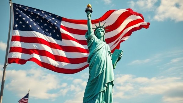 Statue of Liberty with American flag background, related to fuel price hikes impact on tourism.