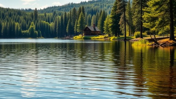 Tranquil Michigan lake with lush trees and serene reflections.