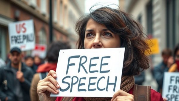 Woman protests free speech in urban street, sign, taped mouth.