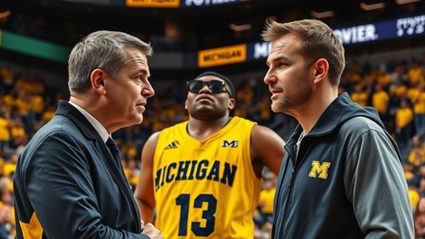 Michigan player and coach strategize during basketball season.