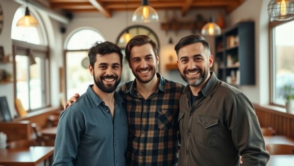 Three men smiling in a warm, casual restaurant setting