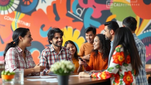 Diverse team discussing transferable skills in startups, lively workspace.