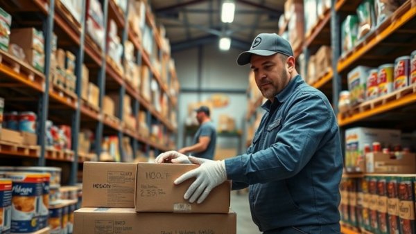 Warehouse worker organizing food boxes for Michigan Summer Food Service Program.