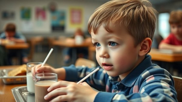 Child enjoys Michigan free summer meals with milk and sandwich in school.