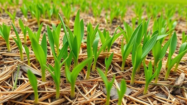 Cover crop seedlings growing in a straw-mulched field.