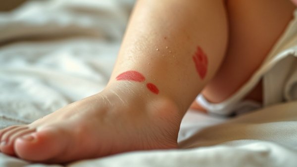 Child showing measles symptoms on leg, highlighting measles risk in crowded shelters.