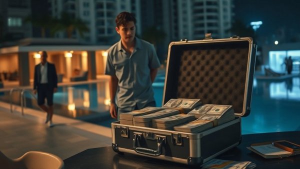 US government contractor crypto theft suspect in handcuffs near pool, with cash and devices.