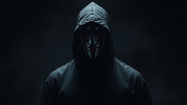 Mysterious figure with American flag mask in dark setting, symbolizing cyber theft.