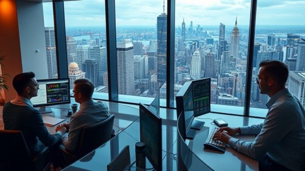 Corporate professionals using Merlin AI in value-based risk contracting, modern office.