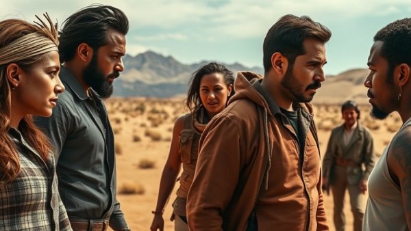 Dramatic desert scene with diverse individuals, confronting in vibrant colors.