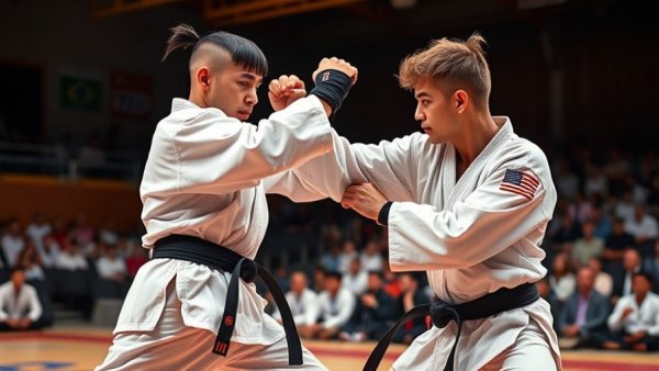 Martial arts competition with sparring athletes and judges in a sports hall.