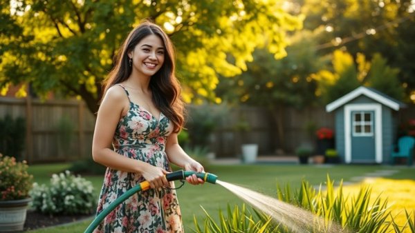 Young woman watering lawn in Shelby MI backyard during golden hour.