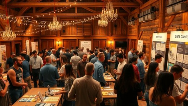 Indoor event at Microsoft data center Kent County with informational displays and attendees.