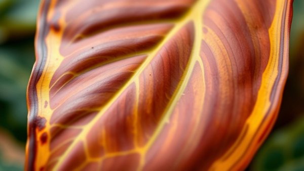 Close-up of brown and yellow alocasia leaf with green vein.