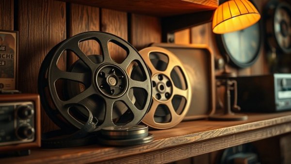 Vintage film reels and vinyl record in retro decor setting.