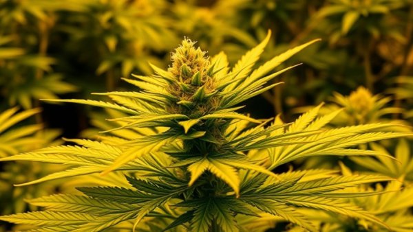Close-up of cannabis plant with lush foliage at a provisioning center.