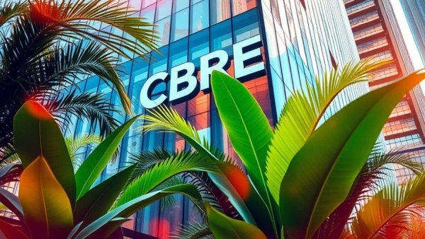 CBRE building with tropical plants in vibrant colors related to Q4 earnings.