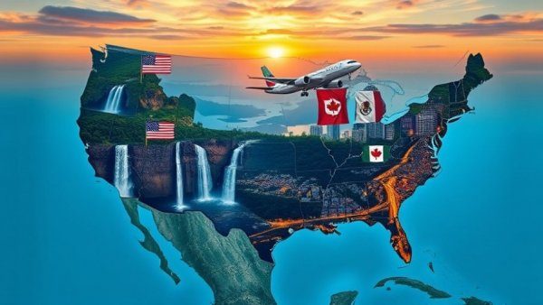 USMCA Travel and Tourism Resiliency Act represented by dynamic North American map with flags and landscapes.