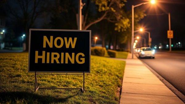 Roadside 'Now Hiring' sign at night, highlighting pay history bans in hiring.