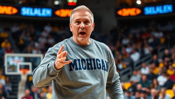 Michigan basketball coach gestures energetically during a game.