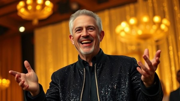 Cheerful man in a sparkling jacket, AI implementation opportunities.