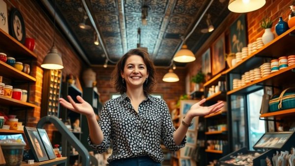 Succulent shop owner success, woman gesturing in vibrant store.