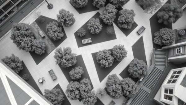 Aerial view of Uptown Normal underpass design with pathways and trees.