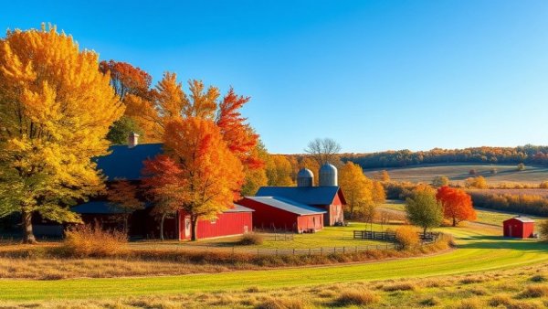 Michigan farmland with red barn and autumn trees.