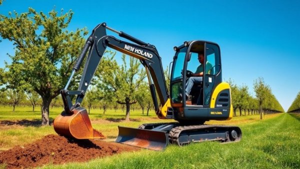New Holland mini excavator in action in an orchard setting.