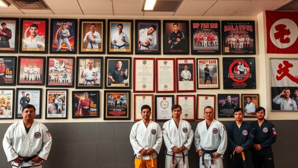 Martial arts achievements and photos on dojo wall in Gurnee.